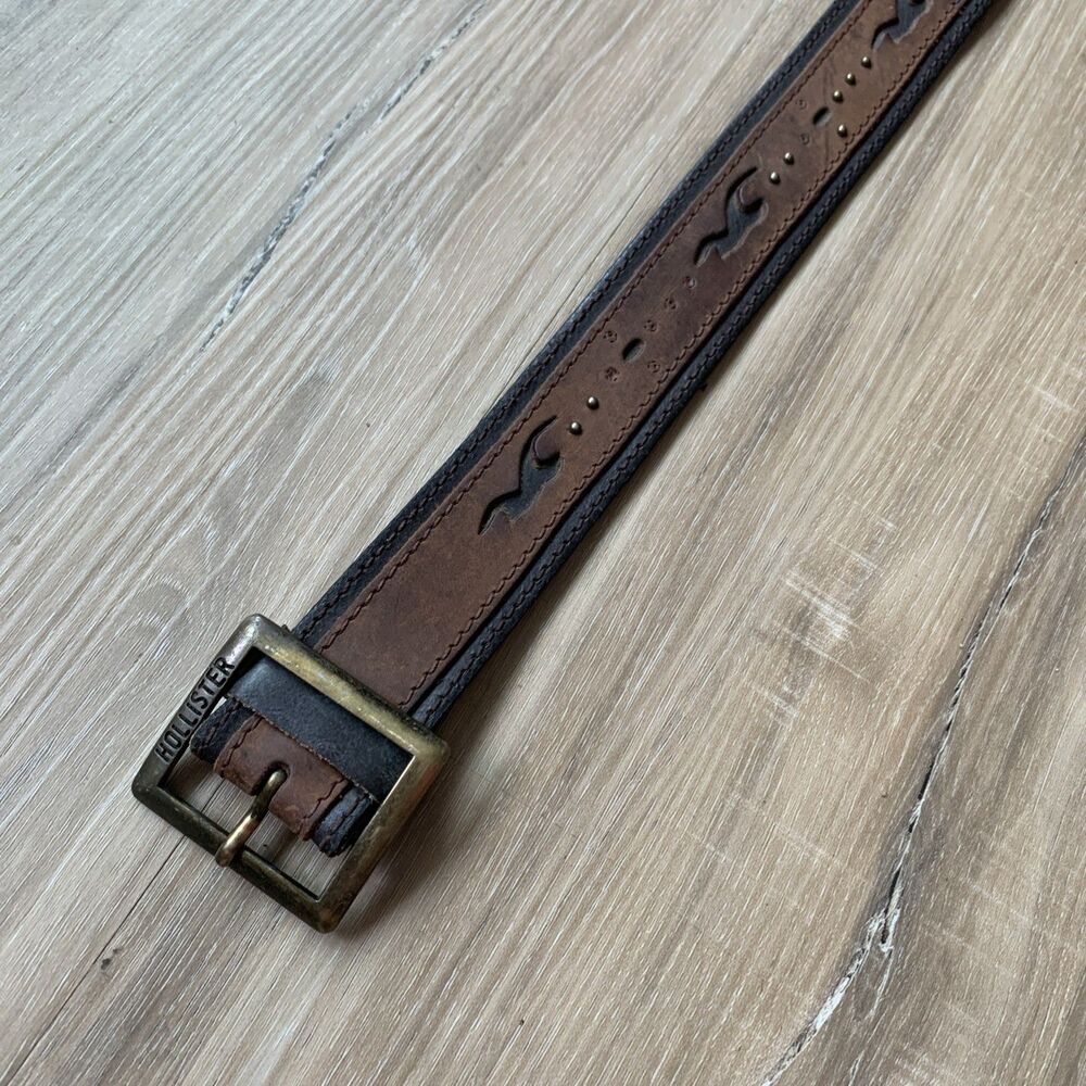 HTF Vintage Hollister Genuine Leather Studded Two Layer Belt Brown M/L 34-36”